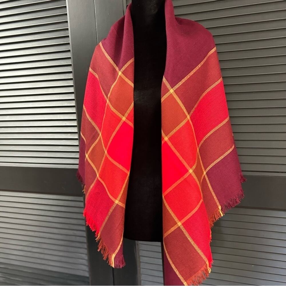Wool Feeling Red and Burgundy Plaid Scarf with Fringe All Around
